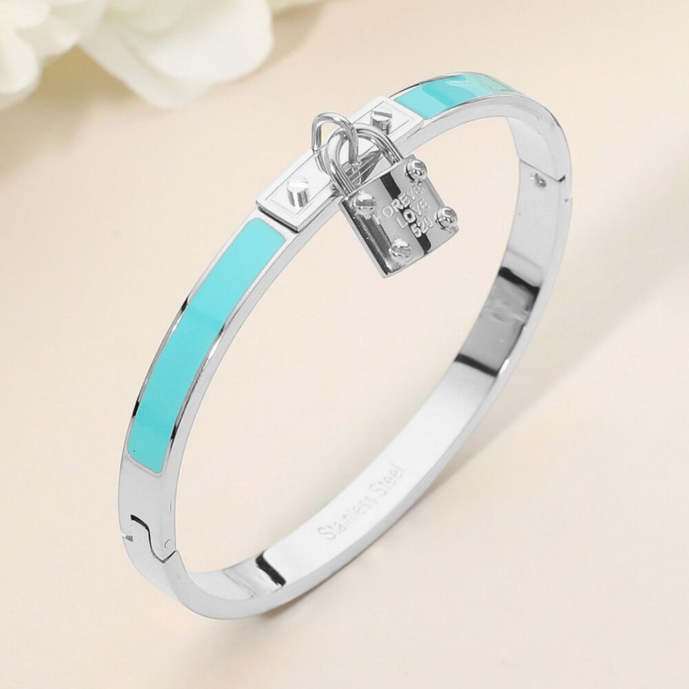 Turquoise Silver Stainless Steel Metal FOREVER LOVE Lock Charm Bangle Bracelet